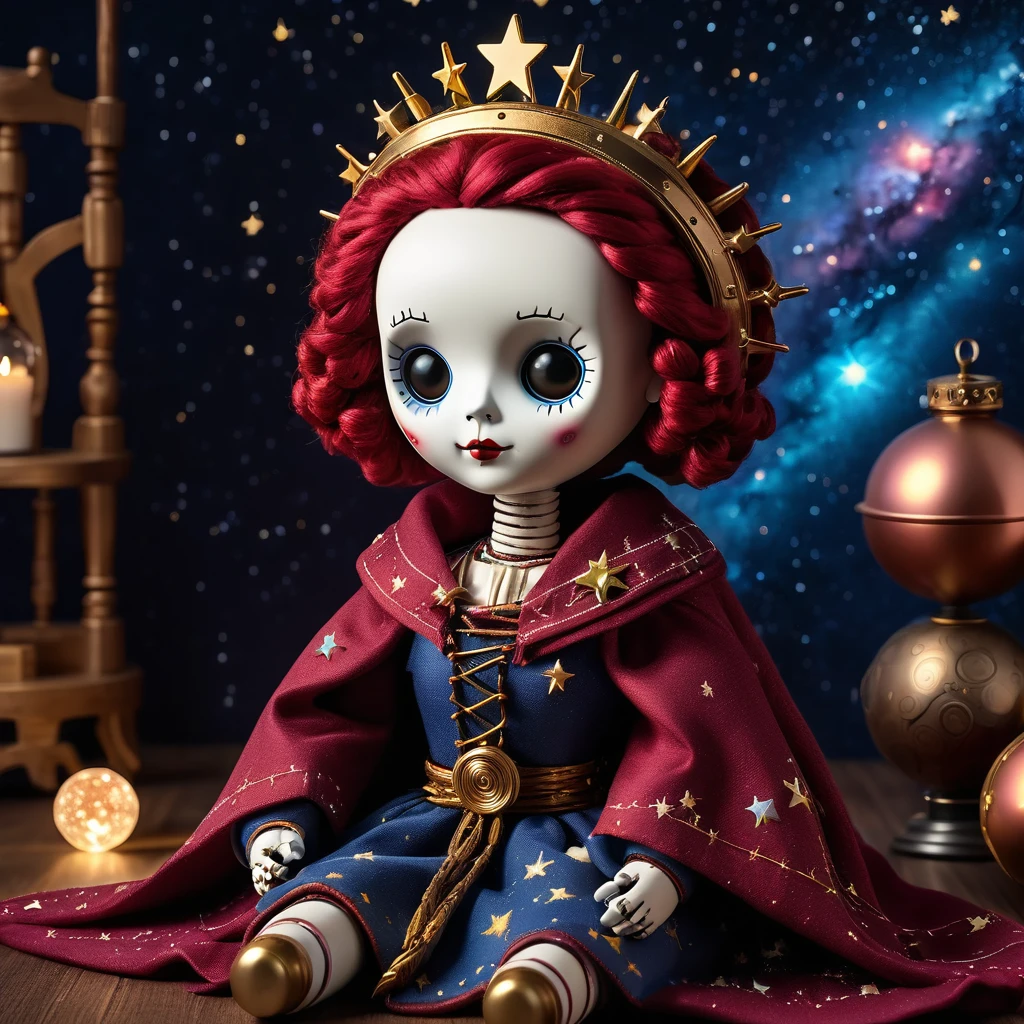 (knitted toy voodoo doll:1.7), (Voodoo Star Seer:1.8), (Clothing: celestial gown adorned with constellations, star-studded cloak:1.5), (Accessories: starlight scepter emitting twinkling lights, cosmic pendant with swirling galaxies, astral mask:1.7), (background: cosmic observatory with telescopes pointing to distant stars and nebulae swirling in the sky:1.6), best quality, masterpiece, detailed soft oil painting, detailed background, dramatic cinematic lighting, soft edge lighting, professional, dramatic lighting, hard edge lighting, ultra quality, 4k,masterpiece, best quality, 8k, ultra highres, highres, extremely detailed