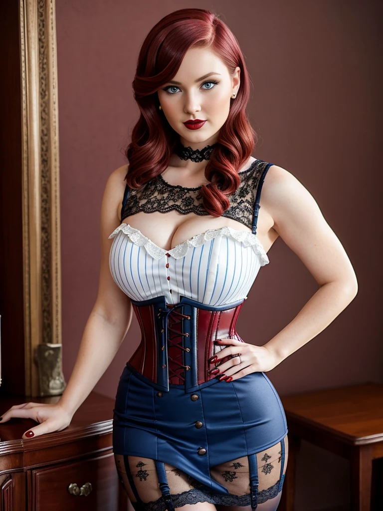 30 year old woman with burgundy hair in a .vintage hairstyle, red lips, blue eyes, wearing a slitted lace mini pencil skirt and corset, against a neutral backdrop