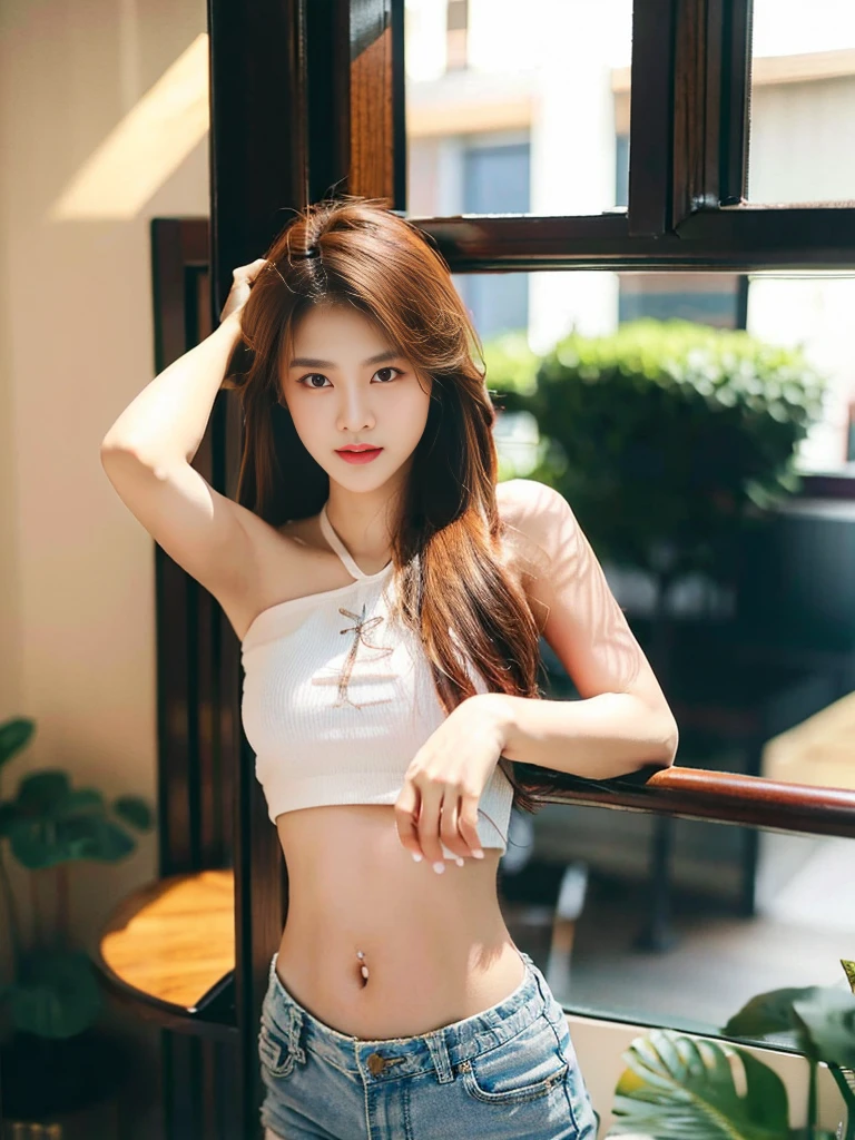 A girl with medium breasts, tomboyish features, small pretty face, beautiful stomach, perfect figure, short wavy red-brown hair. Full body photos showing sweaty exercise poses Young woman wearing shorts, bra (Best Quality, 4K, 8K, high resolution, Masterpiece: 1.2), Special details, (realistically, realisticallyเหมือนจริง, ภาพถ่ายrealistically: 1.3), Delicate and extremely beautiful, คุณภาพMasterpiece, beautiful light, perfect light, เงาที่realistically, high resolution, skin details, Super detailed and colorful., Natural skin and hands, The beautiful body of the queen, big thighs, muscle shape, sportsperson, Revealing large breasts