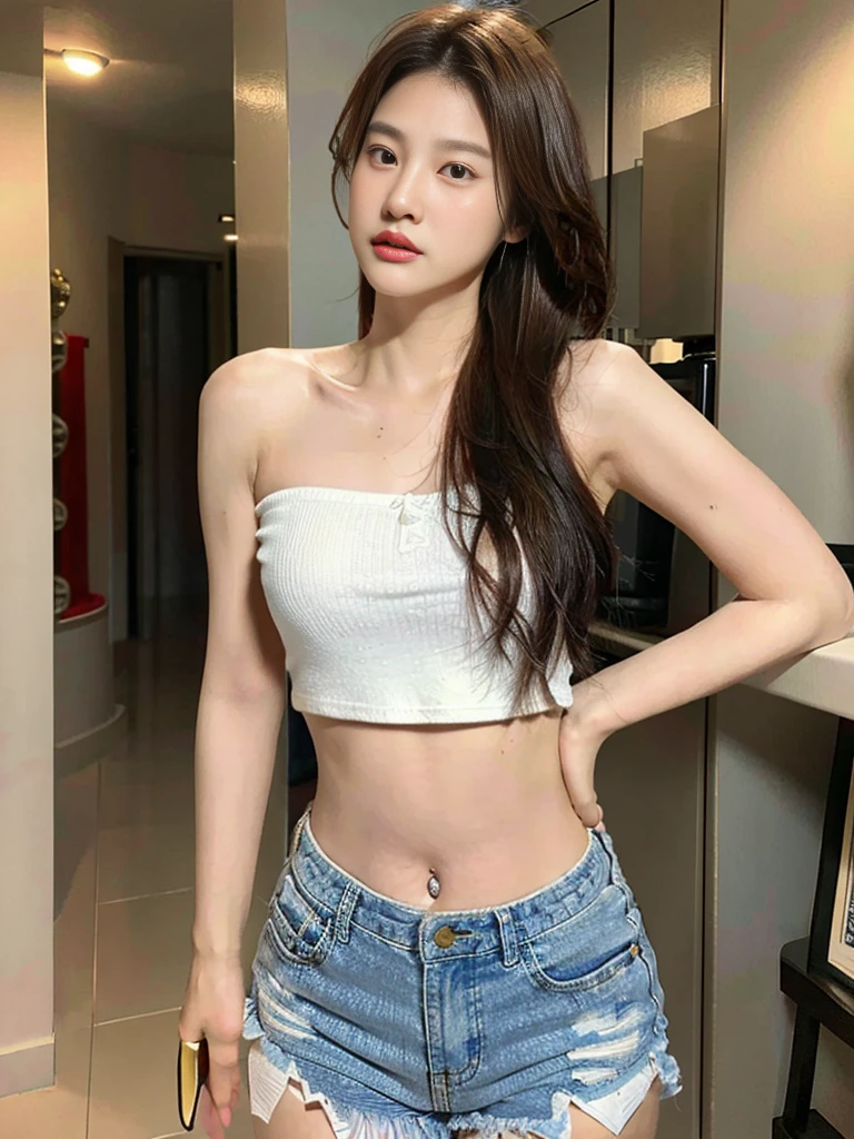 A girl with medium breasts, tomboyish features, small pretty face, beautiful stomach, perfect figure, short wavy red-brown hair. Full body photos showing sweaty exercise poses Young woman wearing shorts, bra (Best Quality, 4K, 8K, high resolution, Masterpiece: 1.2), Special details, (realistically, realisticallyเหมือนจริง, ภาพถ่ายrealistically: 1.3), Delicate and extremely beautiful, คุณภาพMasterpiece, beautiful light, perfect light, เงาที่realistically, high resolution, skin details, Super detailed and colorful., Natural skin and hands, The beautiful body of the queen, big thighs, muscle shape, sportsperson, Revealing large breasts
