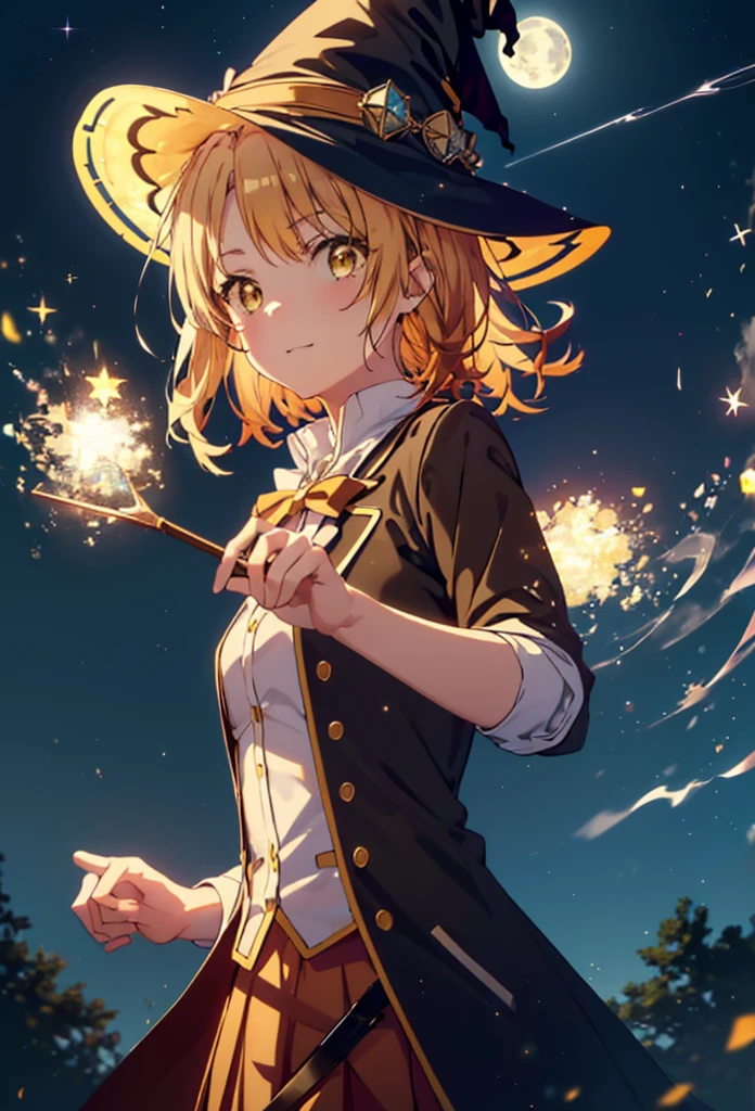 Irohaisshiki, isshiki iroha, short hair, Brown Hair, (Brown eyes:1.5), smile,((Night Sky)),((Big full moon)),((Sparkling and colorful stars)),Fluffy hair,((Idol style costume with soft volume)),Long skirt,((gorgeous wizard hat)),((witch)),(magic wand with a jewel on the tip),Explosive Flame,
break outdoors, forest,forest
break looking at viewer,Upper Body,
break (masterpiece:1.2), Highest quality, High resolution, unity 8k wallpaper, (shape:0.8), (Narrow and beautiful eyes:1.6), Highly detailed face, Perfect lighting, Extremely detailed CG, (Perfect hands, Perfect Anatomy),