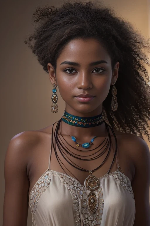 A full body of a 18-year-old Arabic girl  with short red hair,  her dark brown eyes are fixed on the camera, conveying serenity and spiritual wisdom. where the soft light highlights her calm and mysterious aura. she is naked, She has dark skin, which seems to exude a natural glow. Her hair is short, with a cut that highlights her confident and spiritual expression. The strands are the color of ebony, with some natural highlights that shine softly in the light. Her eyebrows are well defined and complement her expressive eyes. They seem capable of seeing beyond appearances and delving into the depths of the human spirit. Her face is serene, with soft features that suggest compassion and empathy. She has a big gentle smile that radiates calmness and confidence. Her presence is welcoming and inspiring.