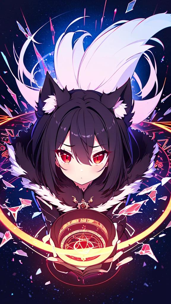 (Masterpiece, Best Quality, ultra detailed, best shadow), (detailed background,dark fantasy), (beautiful detailed face), High contrast, (better lighting, an extremely delicate and beautiful), ((cinematic light)), showy, hyper detail, dramatic light, intricate details, (1 girl, Alone,black fur, sharp face,two low tails,Red eyes, hair between the eyes,dynamic angle), blood splash, black light swirling around the character, depth of field,black light particles,(broken glass),magic circle, full body