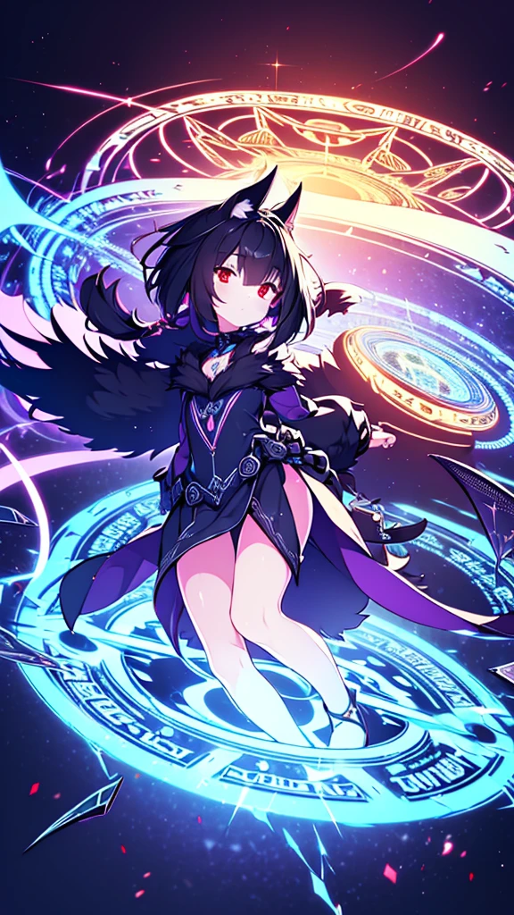 (Masterpiece, Best Quality, ultra detailed, best shadow), (detailed background,dark fantasy), (beautiful detailed face), High contrast, (better lighting, an extremely delicate and beautiful), ((cinematic light)), showy, hyper detail, dramatic light, intricate details, (1 girl, Alone,black fur, sharp face,two low tails,Red eyes, hair between the eyes,dynamic angle), blood splash, black light swirling around the character, depth of field,black light particles,(broken glass),magic circle, full body