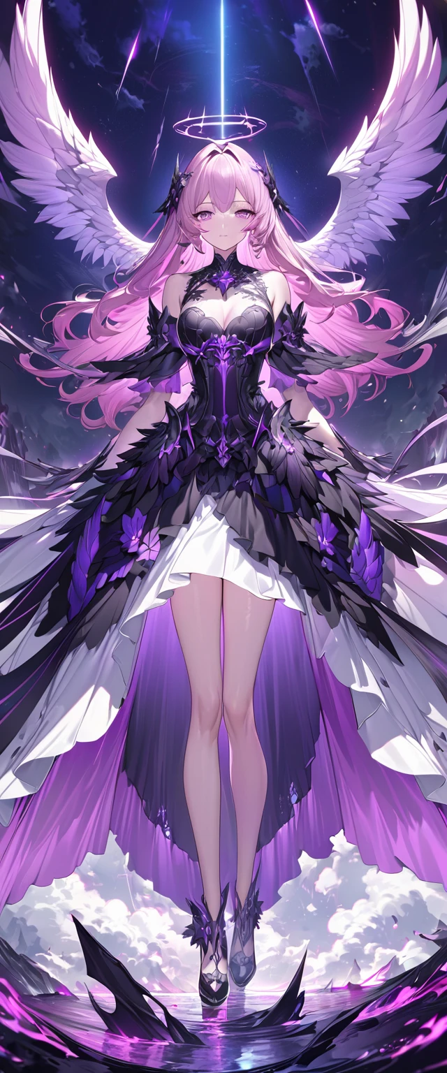 best quality, super fine, 16k, incredibly absurdres, extremely detailed, 2.5D, delicate and dynamic depiction, beautiful fallen angel clad in purple pink and dark darkness, beautiful pastel-colored landscape reminiscent of heaven, effect that mimics the struggle between opposing forces