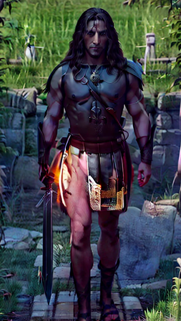 The god of the sun and darkness (posing holding a sword covered in an aura of darkness and the sun with long hair Dashing man 