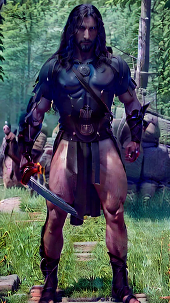 The god of the sun and darkness (posing holding a sword covered in an aura of darkness and the sun with long hair Dashing man
