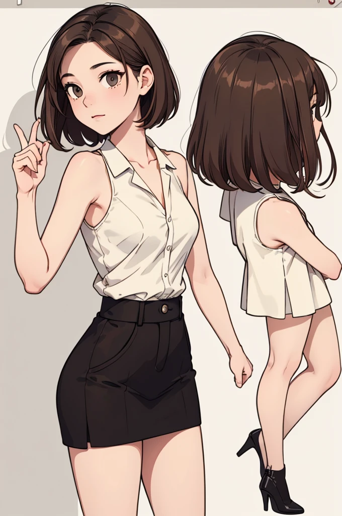 (((masterpiece, best quality, ultra highres, 1 girl, solo, no background))), super detailed skin and face and eyes and finger, beautiful japanese woman, small breasts:1.5, skinny, light brown hair, white background, very short pixie hair, (an illustration of girl), Knee shot, Generate with illustrations, Various expressions, Various poses, Various Costumes, Please draw the entire character within the frame, ensuring that the head, arms, and legs are not cut off. The background should be simple, with the character positioned centrally,