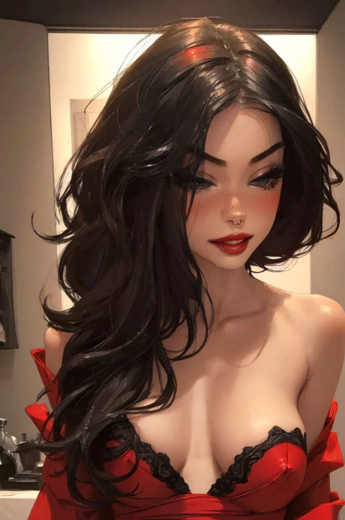 1girl,a beautiful fashion model ,(masterpiece, detailed background, best quality), shoulder length and shiny hair, black hair,smirk,juicy lips,red lips, lingerie, , elegant makeup, exhibitionism, influencer, thot, (((pov, missionary, sexual, sex, man having sex with girl))) full body, body shot,