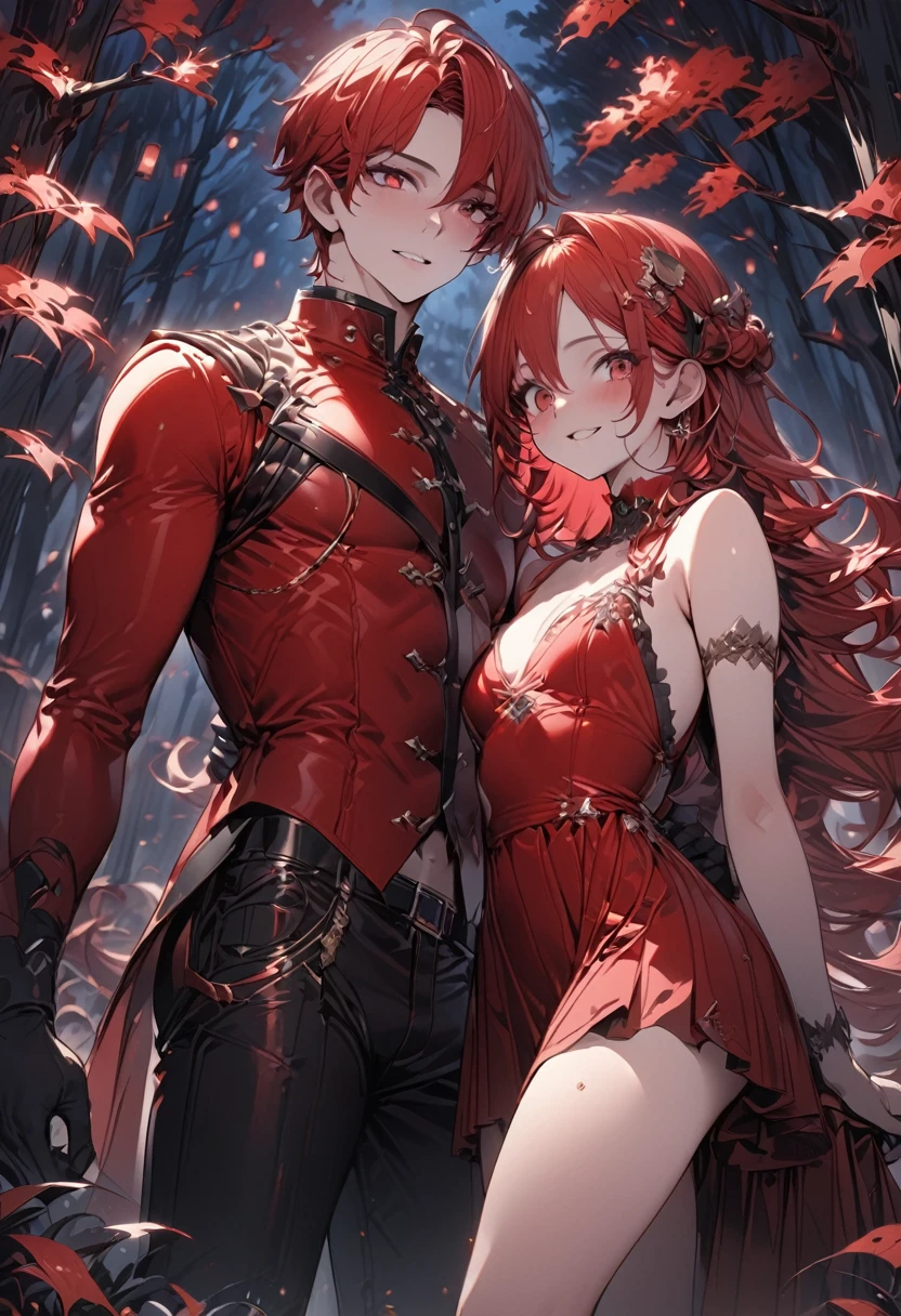 (award winning, 8k, super detailed, high resolution, best quality) , a male teenage with red hair, a werewolf with red velvet fur standing side by side, set in forest at night.