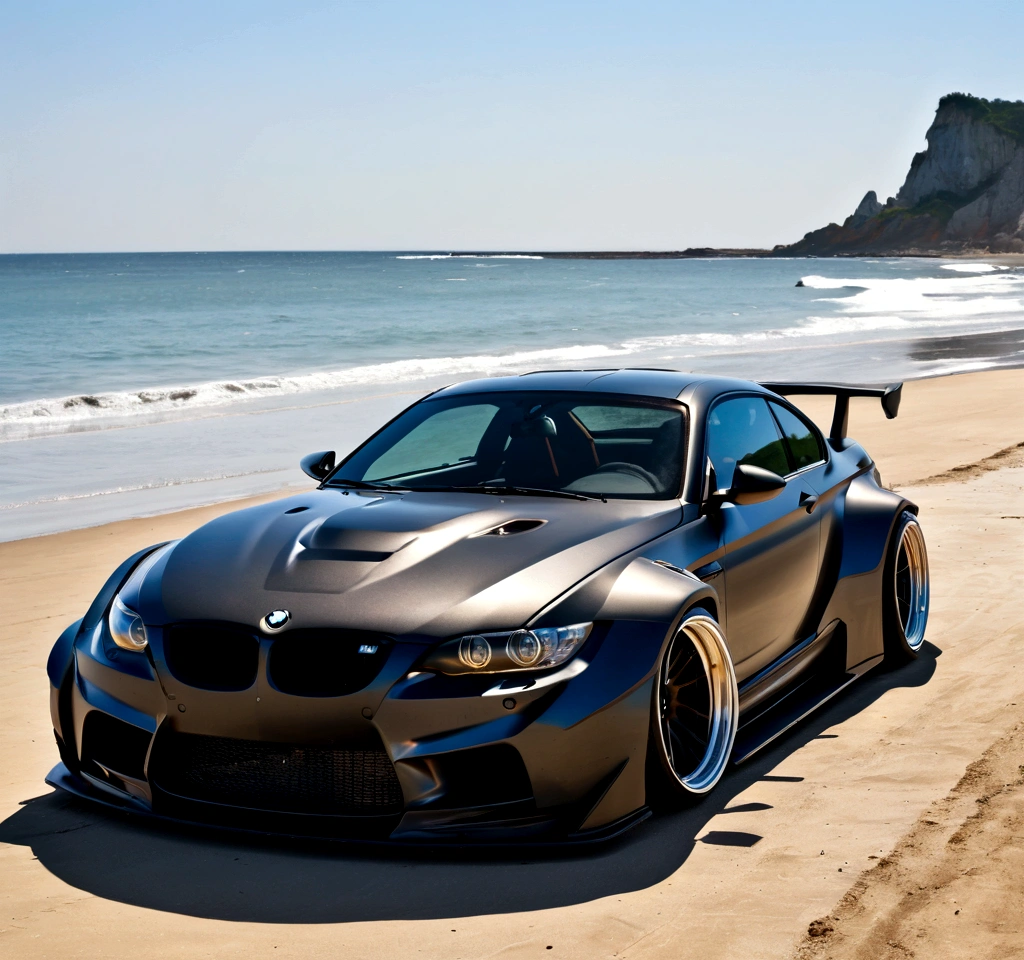 Bmw with liberty walk bodykit, riding on beach, in sunshine morning