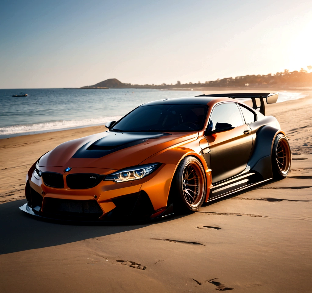 Bmw with liberty walk bodykit, riding on beach, in sunshine morning