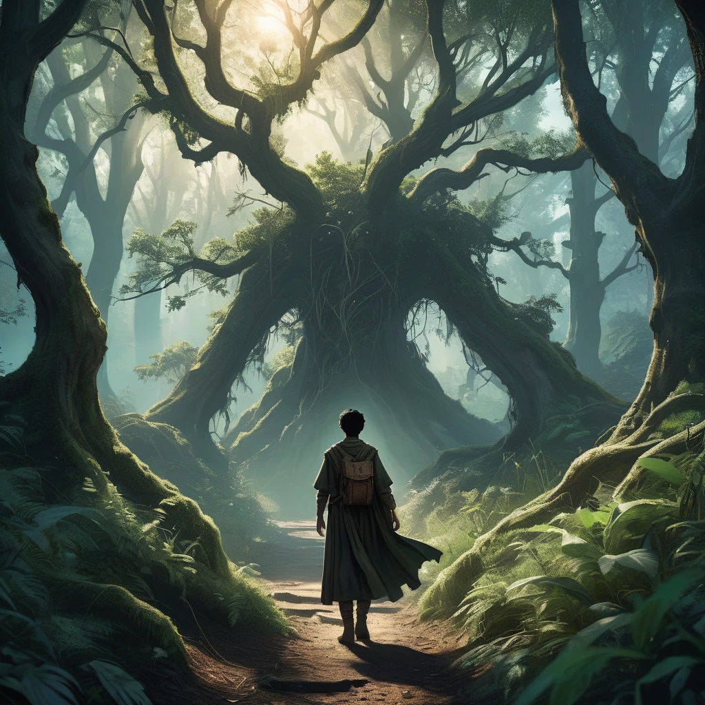 Under the canopy of ancient, twisted trees, a young male teenager with short black hair stands at the edge of a foreboding forest. His simple brown farmer's outfit, worn and patched, contrasts sharply with the shadowy, mystical ambiance of the woods.

From the back, he appears to be contemplating the path before him, the dim light of the setting sun casting long shadows around him. The forest ahead is thick with gnarled roots and whispering leaves, alive with the unseen presence of mythical creatures and hidden dangers.

In his hand, he clutches a worn leather satchel, a symbol of his humble beginnings and the simple life he left behind. As he steps forward, the forest seems to close in, the air growing colder and filled with the faint sounds of distant howls and rustling underbrush.

What secrets lie ahead on the path he has chosen? What trials will he face in the heart of the dark, enchanted forest? This is the beginning of his journey, one that will test his courage, resolve, and the very essence of his character.