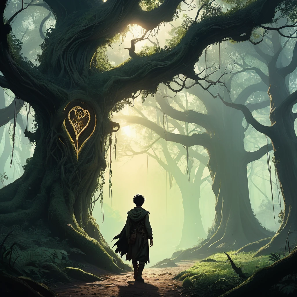 Under the canopy of ancient, twisted trees, a young male teenager with short black hair stands at the edge of a foreboding forest. His simple brown farmer's outfit, worn and patched, contrasts sharply with the shadowy, mystical ambiance of the woods.
From the back, he appears to be contemplating the path before him, the dim light of the setting sun casting long shadows around him. The forest ahead is thick with gnarled roots and whispering leaves, alive with the unseen presence of mythical creatures and hidden dangers.
In his hand, he clutches a worn leather satchel, a symbol of his humble beginnings and the simple life he left behind. As he steps forward, the forest seems to close in, the air growing colder and filled with the faint sounds of distant howls and rustling underbrush.
What secrets lie ahead on the path he has chosen? What trials will he face in the heart of the dark, enchanted forest? This is the beginning of his journey, one that will test his courage, resolve, and the very essence of his character.