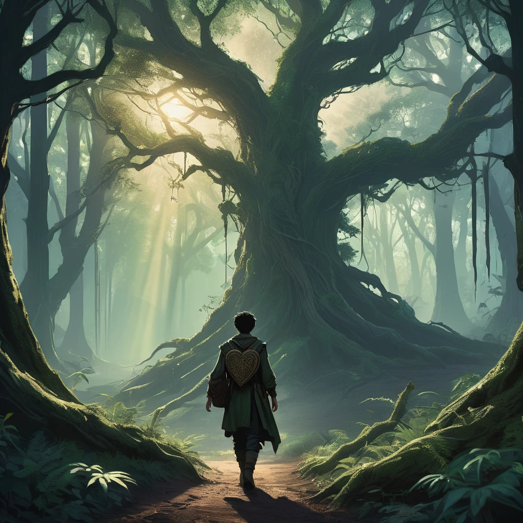 Under the canopy of ancient, twisted trees, a young male ager with short black hair stands at the edge of a foreboding forest. His simple brown farmer's outfit, worn and patched, contrasts sharply with the shadowy, mystical ambiance of the woods.

From the back, he appears to be contemplating the path before him, the dim light of the setting sun casting long shadows around him. The forest ahead is thick with gnarled roots and whispering leaves, alive with the unseen presence of mythical creatures and hidden dangers.

In his hand, he clutches a worn leather satchel, a symbol of his humble beginnings and the simple life he left behind. As he steps forward, the forest seems to close in, the air growing colder and filled with the faint sounds of distant howls and rustling underbrush.

What secrets lie ahead on the path he has chosen? What trials will he face in the heart of the dark, enchanted forest? This is the beginning of his journey, one that will test his courage, resolve, and the very essence of his character.