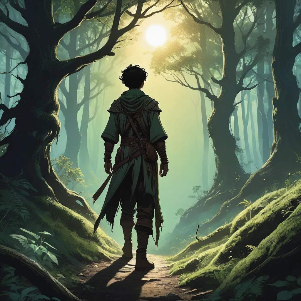 Under the canopy of ancient, twisted trees, a young male teenager with short black hair stands at the edge of a foreboding forest. His simple brown farmer's outfit, worn and patched, contrasts sharply with the shadowy, mystical ambiance of the woods.
From the back, he appears to be contemplating the path before him, the dim light of the setting sun casting long shadows around him. The forest ahead is thick with gnarled roots and whispering leaves, alive with the unseen presence of mythical creatures and hidden dangers.
In his hand, he clutches a worn leather satchel, a symbol of his humble beginnings and the simple life he left behind. As he steps forward, the forest seems to close in, the air growing colder and filled with the faint sounds of distant howls and rustling underbrush.
What secrets lie ahead on the path he has chosen? What trials will he face in the heart of the dark, enchanted forest? This is the beginning of his journey, one that will test his courage, resolve, and the very essence of his character.