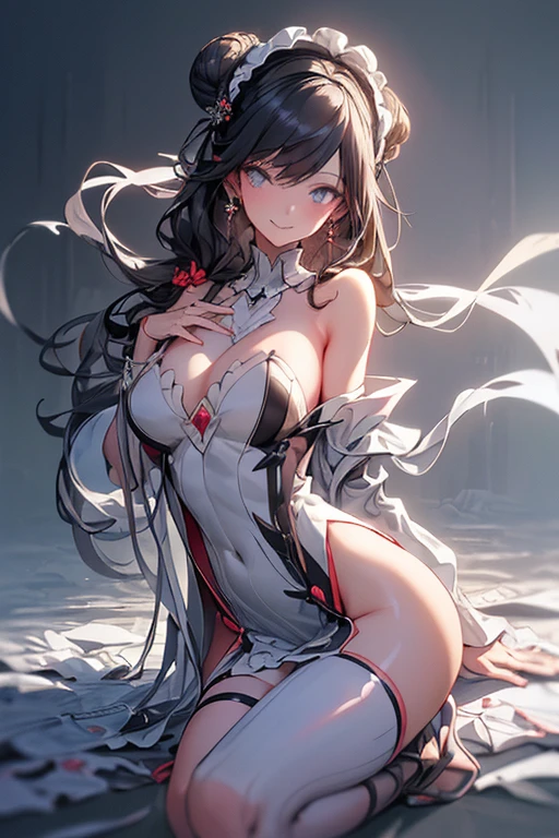 (((Masterpiece))),(((Super Detail))),(((in 8K))),(((best composition))),(((Rim lighting,Fireglow effect,deep shadow))),solo),Beautiful fingers,Detailed finger features,(Detailed hair features:1.7),(Dynamic and sexy bending pose:1.3),detailed facial features,detailed clothes features, (perky chest:1.1), (pointed chest:1.3), delicate beautiful face, Bright blue eyes, cute eyes, sparkling eyes, Big eyes, beautiful detailed eyes,double bun with glittering hair ornament:0.6,(super detailed glossy skin:1.3),slender body,goddess smile,((with sparkling eyes and a contagious smile)),beautiful posture,have a cup of coffee,black hair, red eyes, dress, bare shoulders, jewelry, collarbone, sidelocks, hairband, earrings, indoors, off shoulder, sweater, arms behind back, plant, short hair with long locks, white hairband, off-shoulder dress, sweater dress, off-shoulder sweater, red sweater, big side hair, very long side hair,(super delicate floral pattern:1.2),seductive cleavage:1.3,beautiful glossy legs,shiny red high heels,lifting dishes with cakesd,french restaurant,hustle and bustle,rising steam,(((depth of fields)))