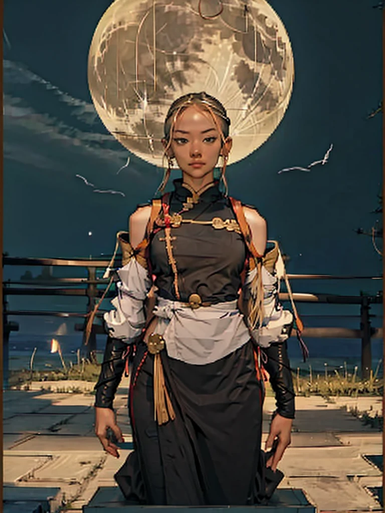 Ninja girl, ninja costume, samurai sword on the back of a statue, golden moon, dark sky.