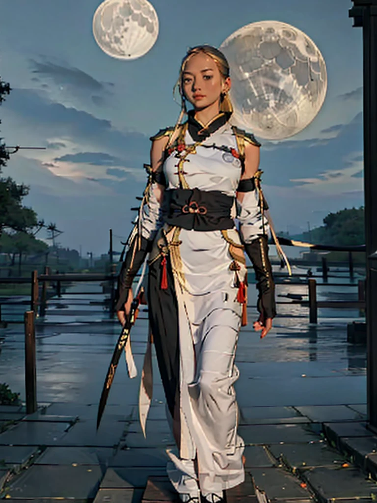 Ninja girl, ninja costume, samurai sword on the back of a statue, golden moon, dark sky.