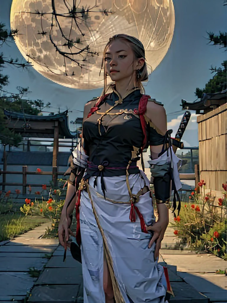 Ninja girl, ninja costume, samurai sword on the back of a statue, golden moon, dark sky.