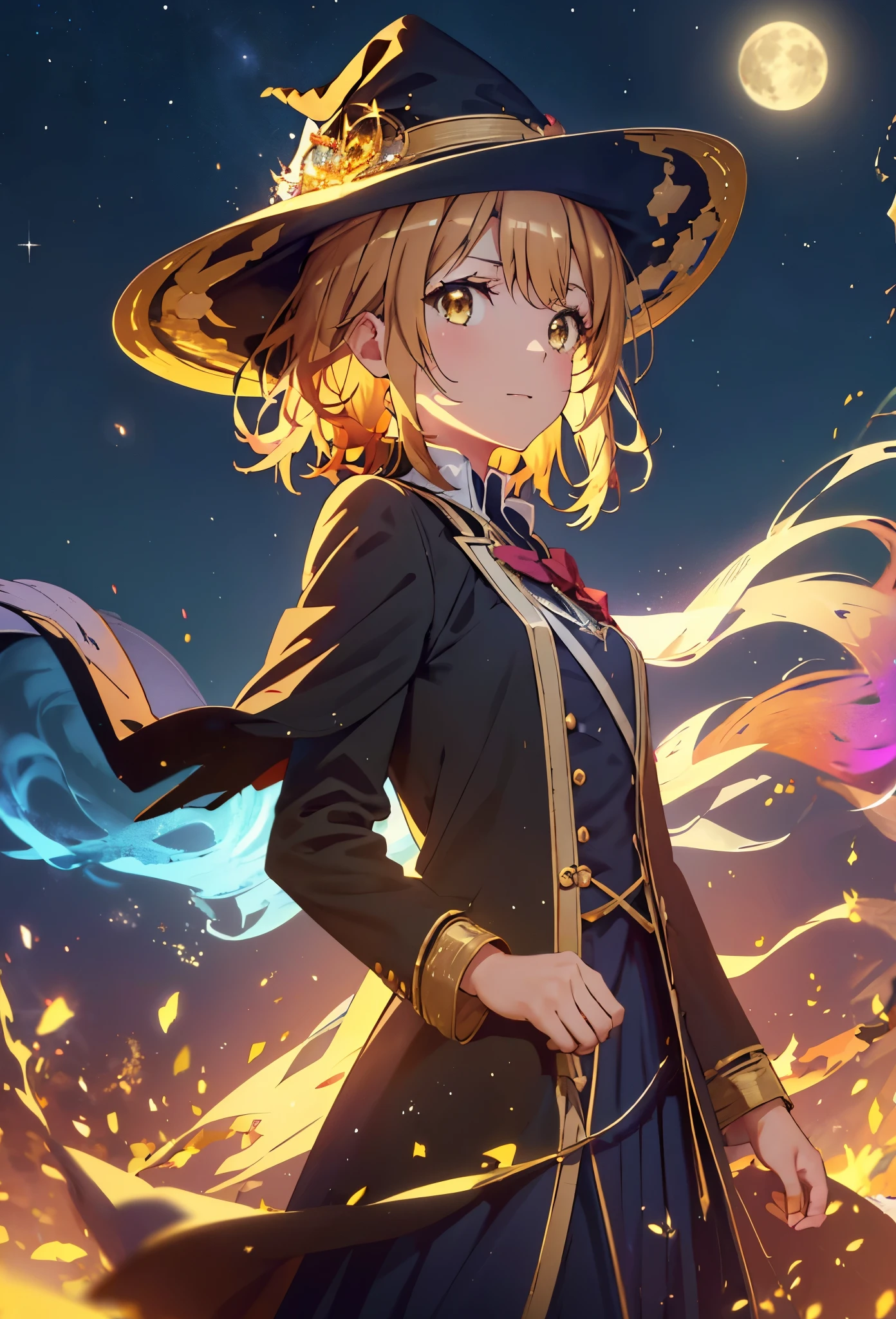 Irohaisshiki, isshiki iroha, short hair, Brown Hair, (Brown eyes:1.5), smile,((Night Sky)),((Big full moon)),((Sparkling and colorful stars)),Fluffy hair,((Idol style costume with soft volume)),Long skirt,((gorgeous wizard hat)),((witch)),(magic wand with a jewel on the tip),Explosive Flame,
break outdoors, forest,forest
break looking at viewer,Upper Body,
break (masterpiece:1.2), Highest quality, High resolution, unity 8k wallpaper, (shape:0.8), (Narrow and beautiful eyes:1.6), Highly detailed face, Perfect lighting, Extremely detailed CG, (Perfect hands, Perfect Anatomy),