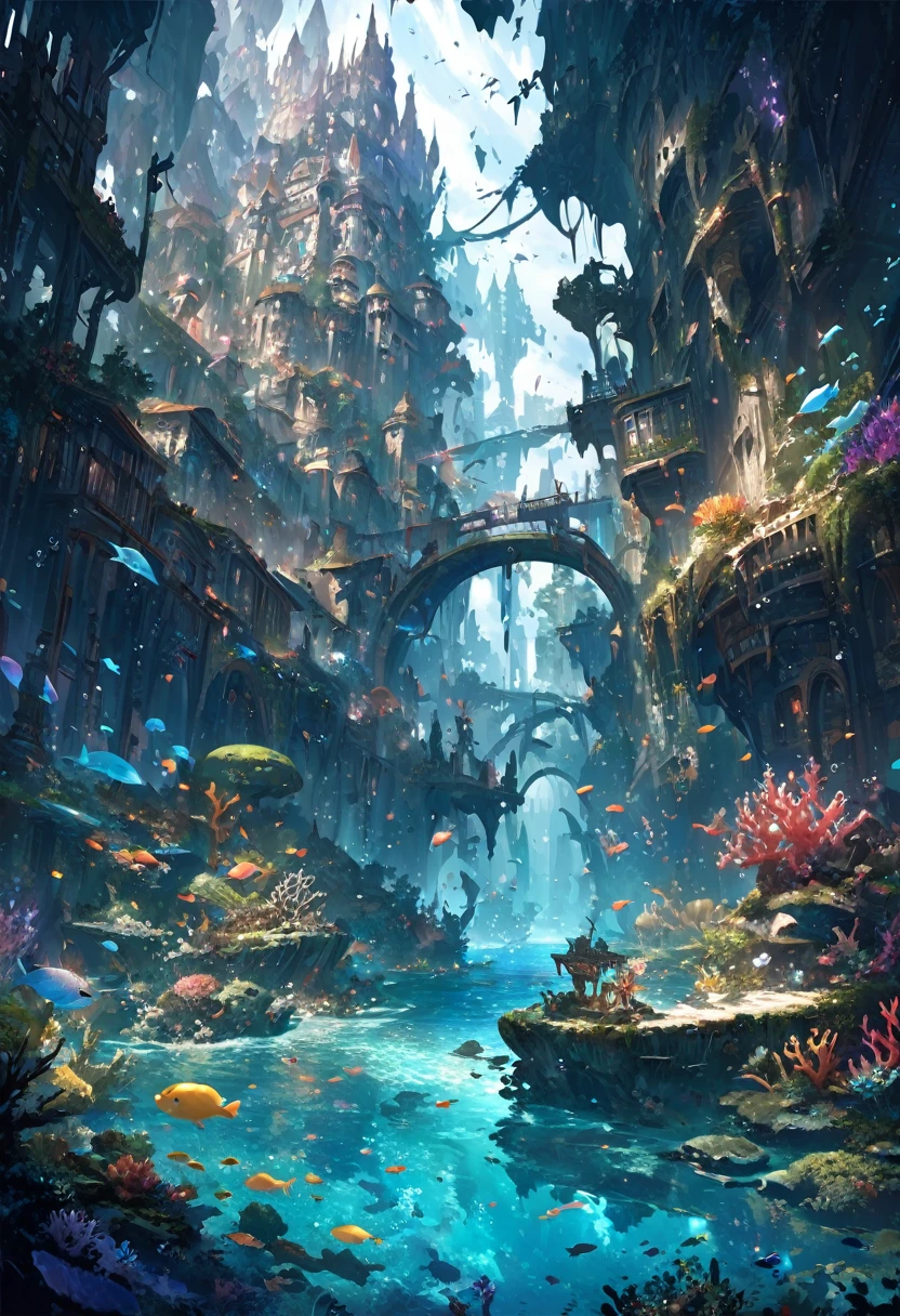 color (Fantasy: 1.2), (hayao miyazaki style), (Irregular buildings floating on the ocean floor), Patchwork Cottage, Moss decoration, Coral, Light, Concept art inspired by Andreas Rocha, Artstation Contest Winner, Fantasy art, (an underwater city), Ross Tran, Lightシャフト, Realistic lighting, masterpiece, high quality, Beautiful graphics, High detail, masterpiece, high quality, Beautiful graphics, High detail,