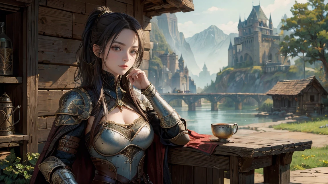 A highly detailed and realistic portrait of a female adventurer from a medieval fantasy setting, shown from the waist up. She is wearing intricately designed leather armor with a dark cloak. Her long hair is tied back in a ponytail. She has a warm, friendly smile and is holding a large, rustic tankard made of wood or metal, similar to those used by pirates, bringing it to her lips as if taking a drink. Her attire shows signs of wear and tear, indicating her experience and many adventures. The background is plain or blurred to emphasize the character, making her the focal point of the image. The lighting is natural, with soft shadows to highlight the details of her armor, facial features, and the tankard.