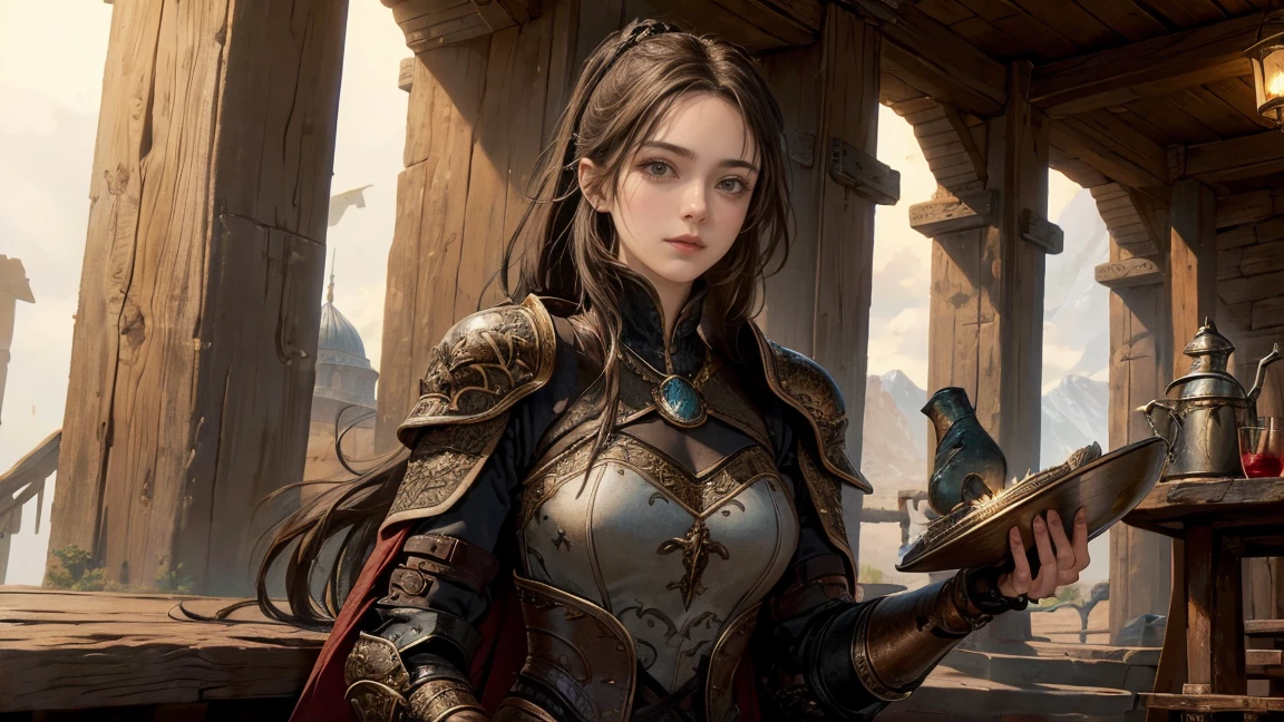 A highly detailed and realistic portrait of a female adventurer from a medieval fantasy setting, shown from the waist up. She is wearing intricately designed leather armor with a dark cloak. Her long hair is tied back in a ponytail. She has a warm, friendly smile and is holding a large, rustic tankard made of wood or metal, similar to those used by pirates, bringing it to her lips as if taking a drink. Her attire shows signs of wear and tear, indicating her experience and many adventures. The background is plain or blurred to emphasize the character, making her the focal point of the image. The lighting is natural, with soft shadows to highlight the details of her armor, facial features, and the tankard.