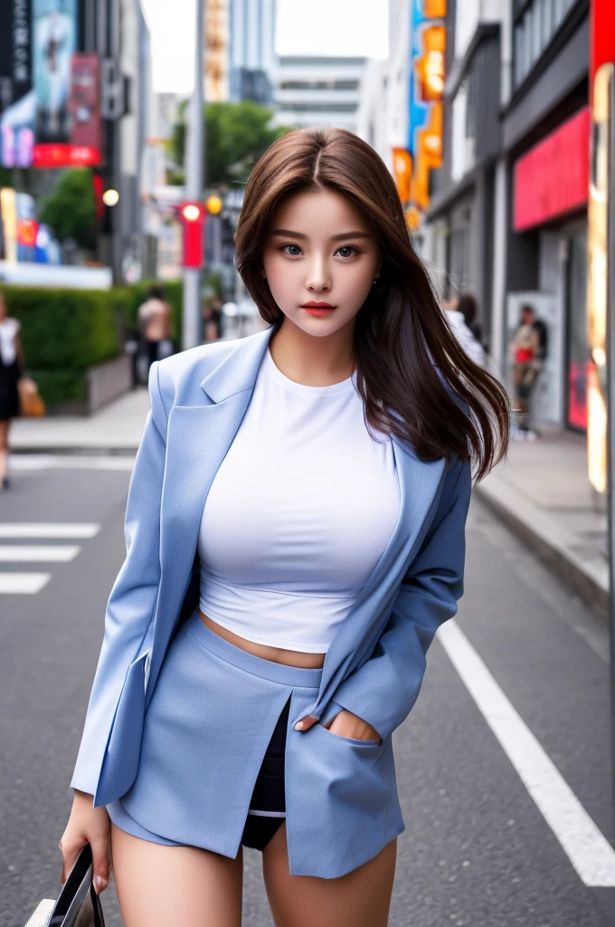 a 18 year old face of the most beautiful actress in the world, the perfect body proportions of a female, tight blazer is covering shirt of upper body, panties between bare legs are seen just a little thanks to skirt is too short, bare thighs, shirt under blazer is covering bra of large breasts, at the city street, standing, nsfw, best quality, highly detailed, masterpiece, ultra high res, photo realistic, 8k