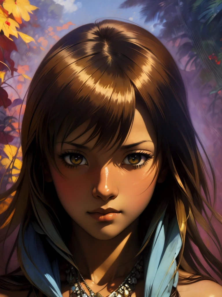 ((Solo Beautiful Carribean woman with dark skin and striking eyes)),  shadowed interior background, art by akihiko yoshida, manga art style, colorfield illustration, scary atmosphere, global illumination, by frank frazetta, art by goro fujita, glamor shot, banner, blur, anime key visual, (blue, yellow and gray colors), photorealistic dramatic anime girl, intricately detailed, chiaroscuro, pino daeni, impressionist (best quality, masterpiece)