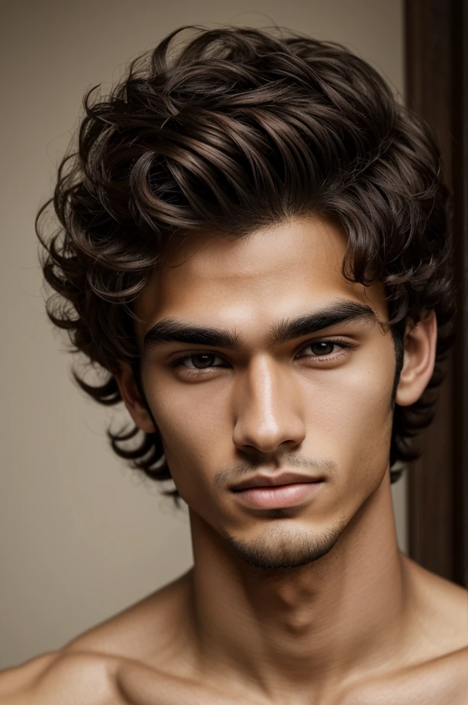 20 year old man. Almond-shaped and expressive dark brown eyes, bushy eyebrows, straight nose, thin lips, oval face shape, Slim and muscular, light skin curly and tousled hair