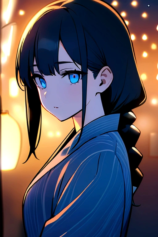 ((masterpiece, Highest quality, Super Definition, High resolution)), 4K. alone, beautiful girl, Shining Eyes, Beautiful Japanese sisters, Blue Theme, yukata, Background is fireworks at night