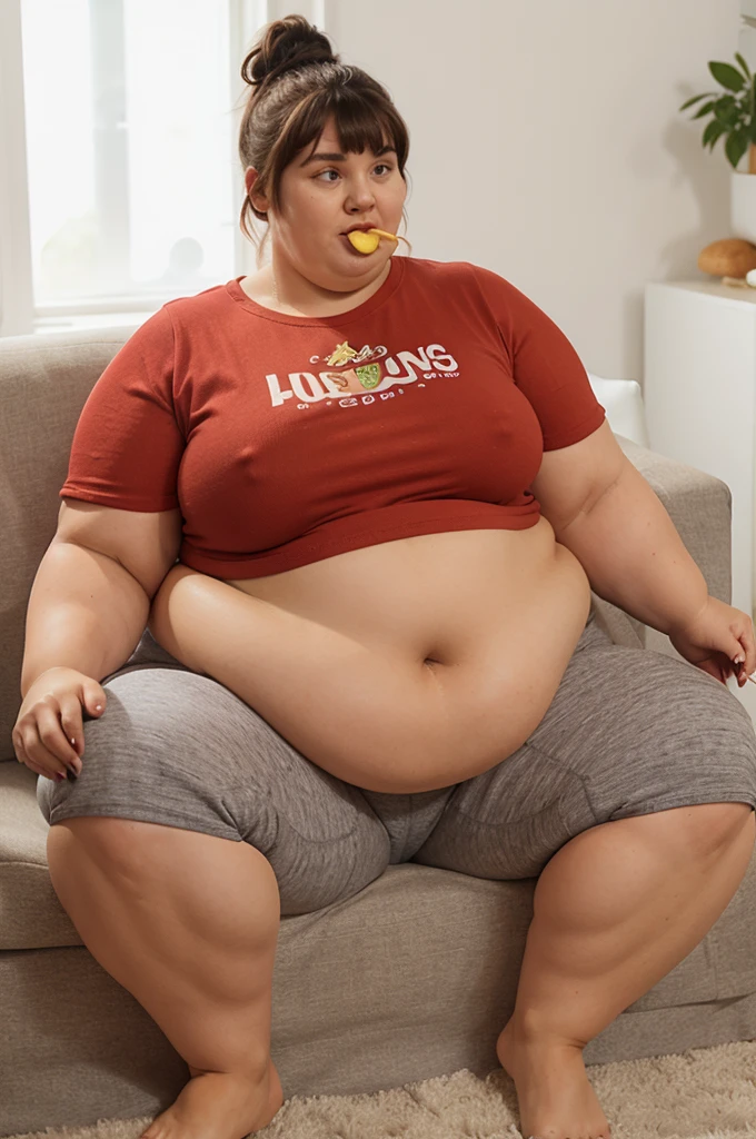 Obese woman, gorgeous face, messy bun hair with bangs, tight t-shirt, yoga pants, sitting on a couch, she spreads her legs to let her belly hang, she is eating an hamburger