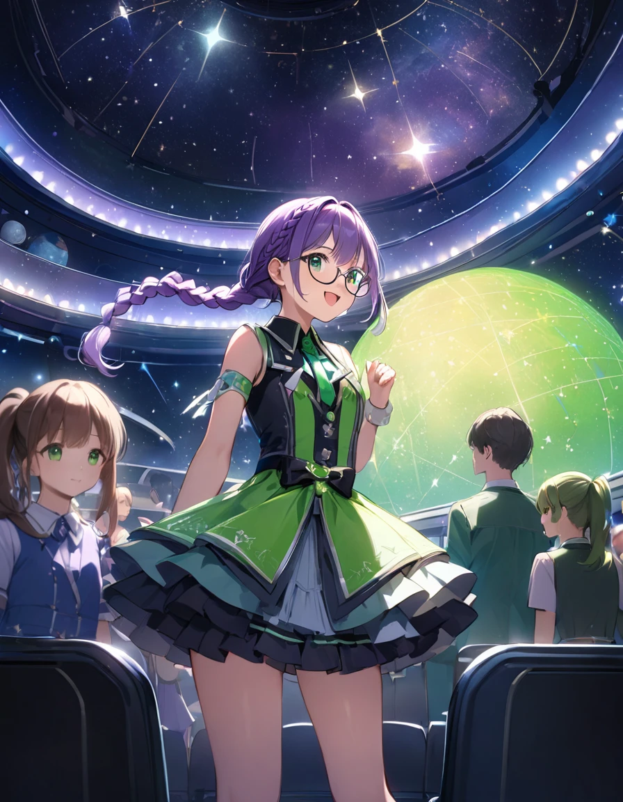 (8K, best quality, master piece: 1.2), super high resolution,1 idol,独奏,17yo,ultra-detailed face,detailed eyes,green eyes,(glasses),the girl is singing and dancing while standing in the center of the planetarium, where the seats are arranged in a circle<(((long fish-bone braid hair, pony-tail-style))), purple hair,happy, white and green idol costume,The costumes is decorated with black ribbons,look at viewer,Cowboy Shot,Stage Lighting,realistic and beautiful image of the inside of a planetarium, showcasing a dazzling display of stars and constellations on its dom
