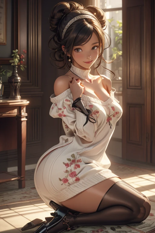 (((Masterpiece))),(((Super Detail))),(((in 8K))),(((best composition))),(((Rim lighting,Fireglow effect,deep shadow))),solo),Beautiful fingers,Detailed finger features,(Detailed hair features:1.7),(Dynamic and sexy bending pose:1.3),detailed facial features,detailed clothes features, (perky chest:1.1), (pointed chest:1.3), delicate beautiful face, Bright blue eyes, cute eyes, sparkling eyes, Big eyes, beautiful detailed eyes,double bun with glittering hair ornament:0.6,(super detailed glossy skin:1.3),slender body,goddess smile,((with sparkling eyes and a contagious smile)),beautiful posture,have a cup of coffee,black hair, red eyes, dress, bare shoulders, jewelry, collarbone, sidelocks, hairband, earrings, indoors, off shoulder, sweater, arms behind back, plant, short hair with long locks, white hairband, off-shoulder dress, sweater dress, off-shoulder sweater, red sweater, big side hair, very long side hair,(super delicate floral pattern:1.2),seductive cleavage:1.3,beautiful glossy legs,shiny red high heels,lifting dishes with cakesd,french restaurant,hustle and bustle,rising steam,(((depth of fields)))