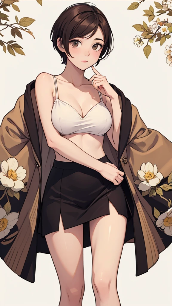 (((masterpiece, best quality, ultra highres, 1 girl, solo, no background))), super detailed skin and face and eyes and finger, beautiful japanese woman, small breasts:1.5, skinny, light brown hair, white background, very short pixie hair, (an illustration of girl), Knee shot, Generate with illustrations, Various expressions, Various poses, Various Costumes, Please draw the entire character within the frame, ensuring that the head, arms, and legs are not cut off. The background should be simple, with the character positioned centrally,