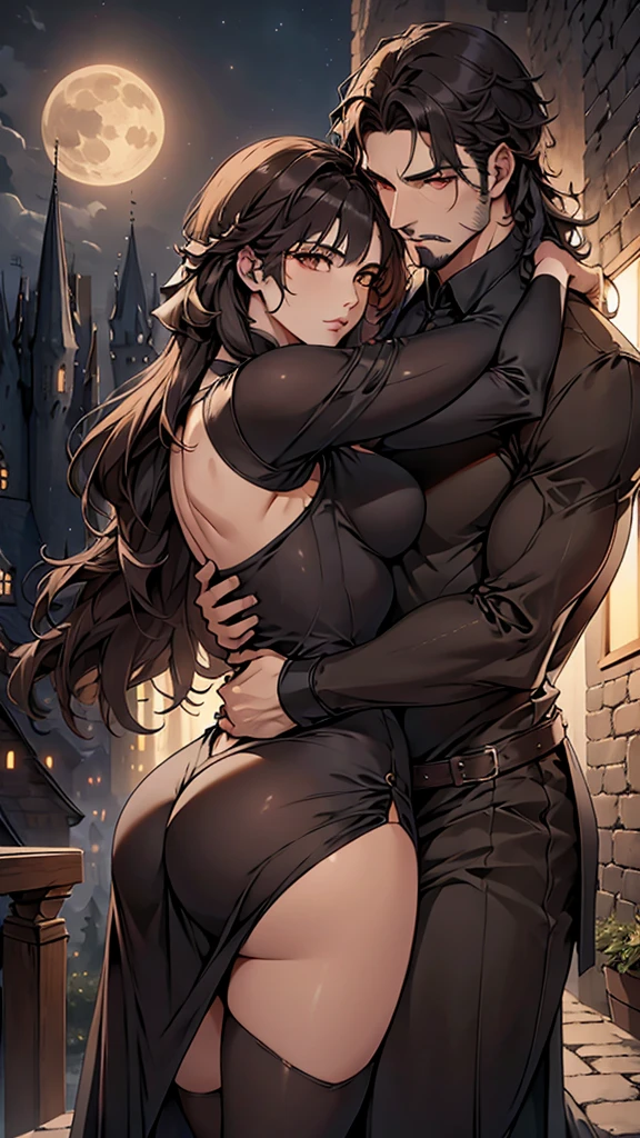 (((a man and woman couple posing dynamically, each one with their respective Lora)))At the heart of an incredibly realistic work of art., The neocruz man, or man , Midway transitions under the cover of night.. His muscles ripple and long black hair with a Count Dracula-style beard. , beautiful hugging woman.. He finds himself before an adult vampire junkotvv woman with (cat ears)., Her sleek leather outfit hugs her curves in a seductive way. its length, cabello negro con cat ears cae en cascada por su espalda, covering his face while putting up fierce resistance.. The captivating scene comes to life through fantastic realism., with every detail meticulously represented for the best sensory experience at night and under a full moon, on the outskirts of a gothic style castle.