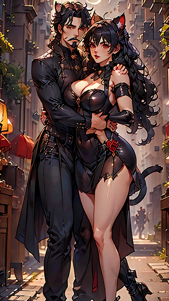(((a man and woman couple posing dynamically, each one with their respective Lora)))At the heart of an incredibly realistic work of art., The neocruz man, or man , Midway transitions under the cover of night.. His muscles ripple and long black hair with a Count Dracula-style beard. , beautiful hugging woman.. He finds himself before an adult vampire junkotvv woman with (cat ears)., Her sleek leather outfit hugs her curves in a seductive way. its length, cabello negro con cat ears cae en cascada por su espalda, covering his face while putting up fierce resistance.. The captivating scene comes to life through fantastic realism., with every detail meticulously represented for the best sensory experience at night and under a full moon, on the outskirts of a gothic style castle.