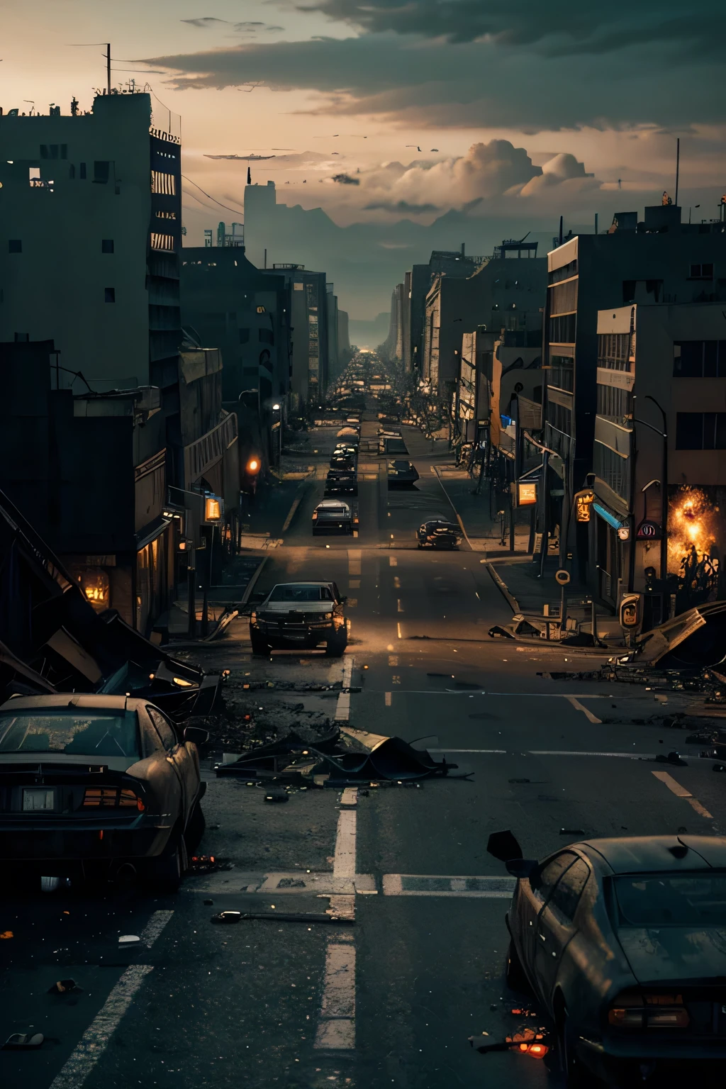 dark, apocalyptic mega city, without people, empty streets with blown up cars, destroyed signs, junk, (masterpiece, best quality),  intricate details, 8k, artstation, wallpaper, official art, splash art, sharp focus,      