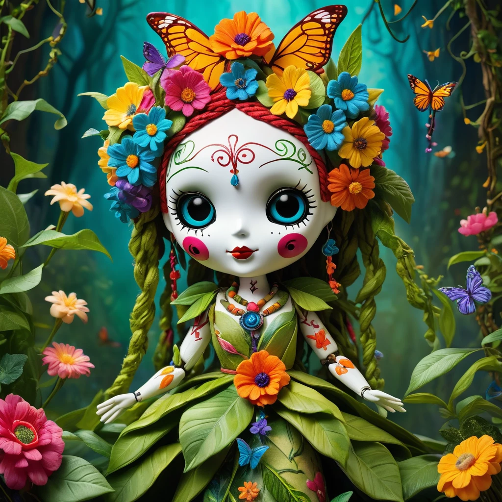 (knitted toy voodoo doll:1.7), (Voodoo Guardian of Eternal Spring:1.8), (Clothing: robes of blooming flowers and vines, adorned with dewdrops and butterfly motifs:1.5), (Accessories: staff sprouting with blossoms and leaves, necklace of eternal bloom, mask resembling a serene forest nymph:1.7), (background: enchanted garden with perpetual springtime, vibrant with floral fragrances and dancing fairies:1.6), best quality, masterpiece, detailed soft oil painting, detailed background, dramatic cinematic lighting, soft edge lighting, professional, dramatic lighting, hard edge lighting, ultra quality, 4k,masterpiece, best quality, 8k, ultra highres, highres, extremely detailed