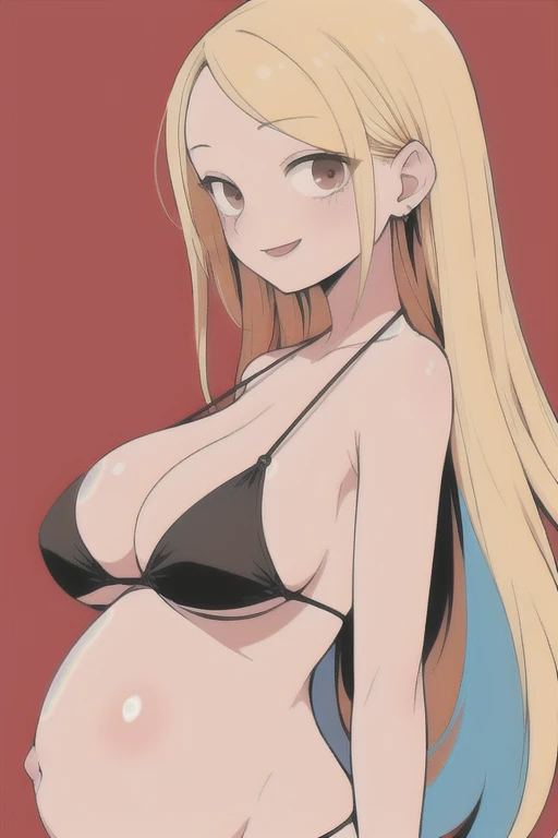 score_9, score_8_Excellent, score_7_Excellent, Hello、he, Brown eyes, blonde, Multicolored Hair, Long Hair,Black Bikini、、Cleavage、Pregnant women、Are standing,Big Breasts、One Girl、smile、The whole body is visible、From the side