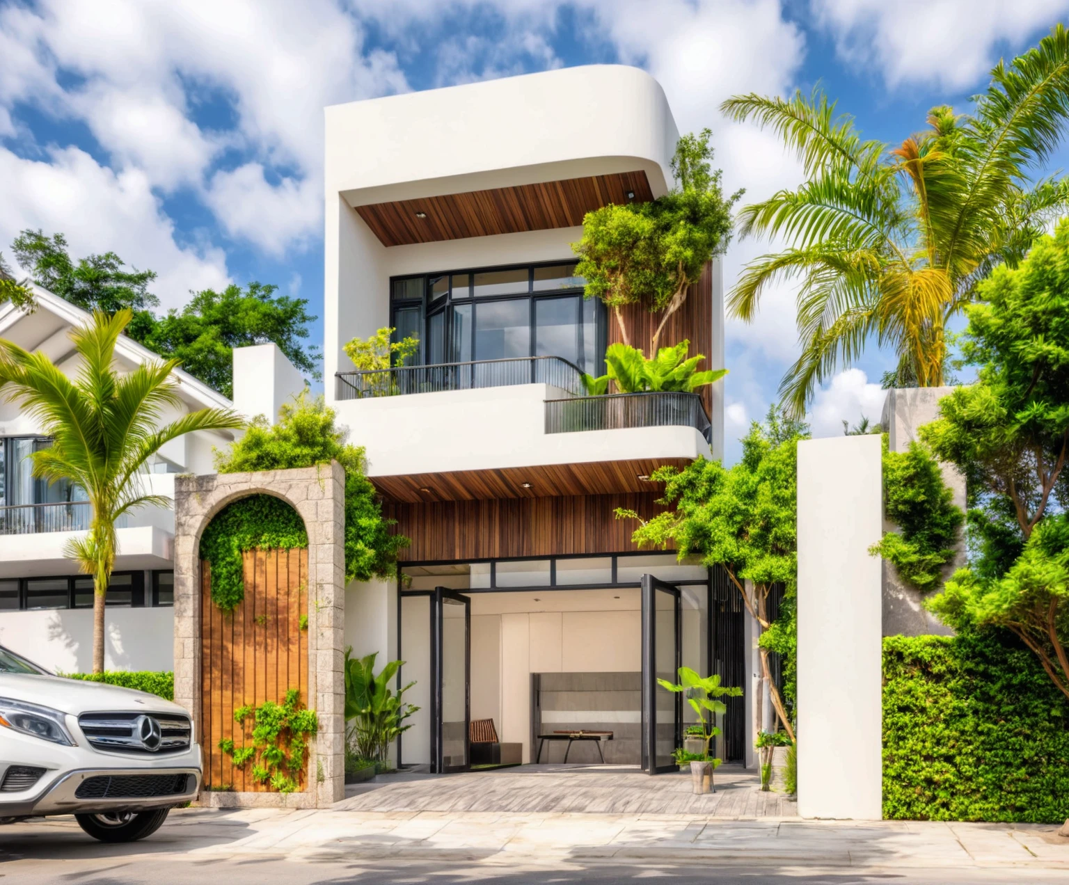 Masterpiece, high quality, best quality, authentic, super detail, outdoors, house style modern,bietthuhn, white wall, glass windows, gate road,pavement, grass, trees,blue sky, cloud, (day:1.1), realistic lighting