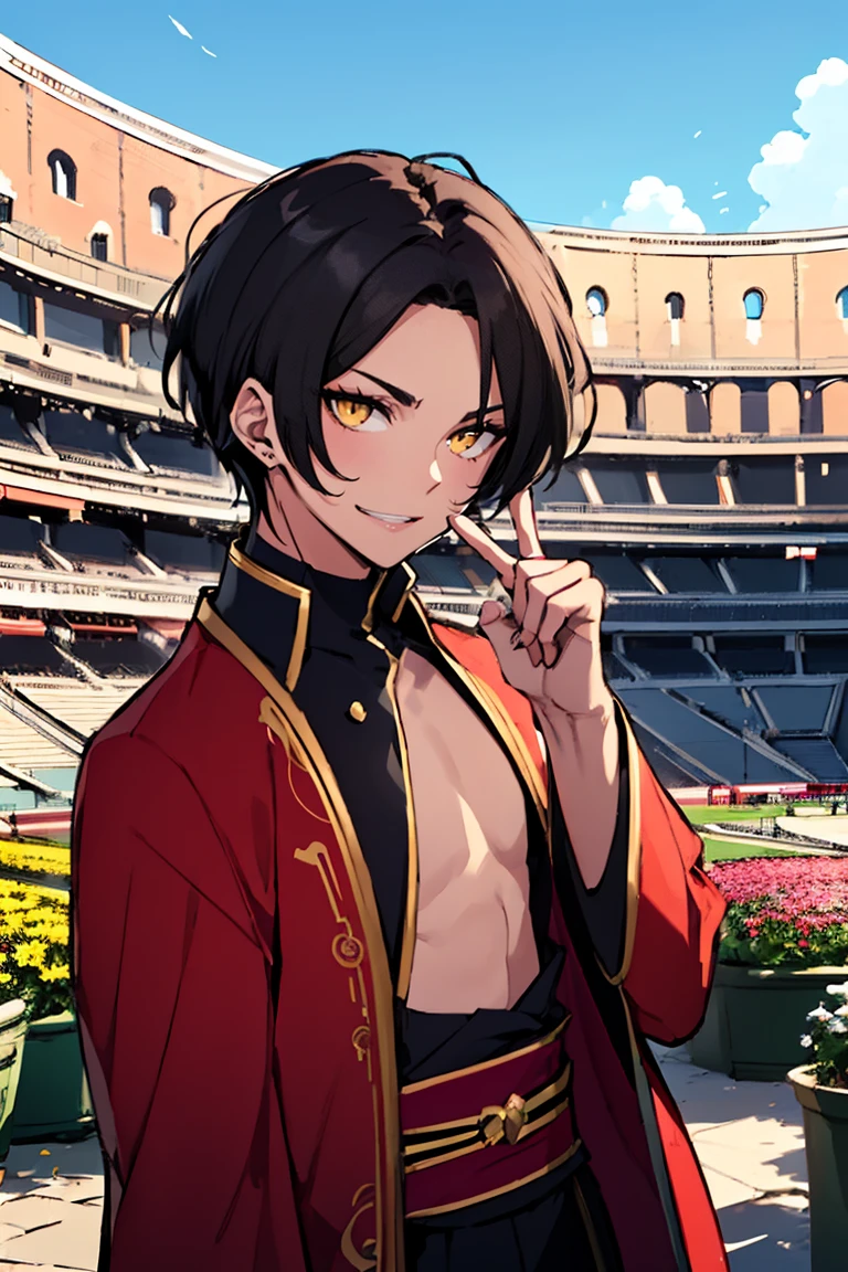 (masterpiece, best quality:1.2), hui xiyi,1boy,hair between eyes, bangs, looking at viewer,sash,short hair,solo,yellow eyes, chinese clothes, rekkyo sensen,forehead,short eyebrow, red clothes, black underwear, hand up, index finger raised, background((sky, blue sky, colosseum, stage, flower, flower garden))