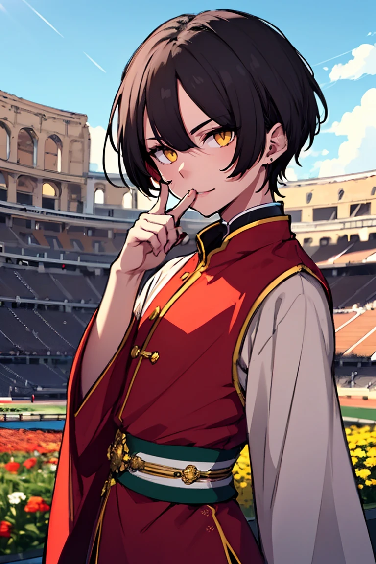 (masterpiece, best quality:1.2), hui xiyi,1boy,hair between eyes, bangs, looking at viewer,sash,short hair,solo,yellow eyes, chinese clothes, rekkyo sensen,forehead,short eyebrow, red clothes, black underwear, hand up, index finger raised, background((sky, blue sky, colosseum, stage, flower, flower garden))