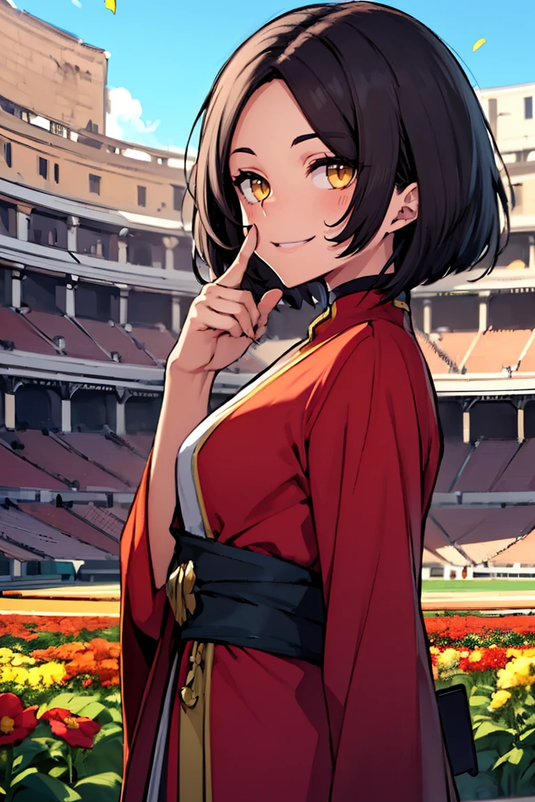 (masterpiece, best quality:1.2), hui xiyi,1boy,hair between eyes, bangs, looking at viewer,sash,short hair,solo,yellow eyes, chinese clothes, rekkyo sensen,forehead,short eyebrow, red clothes, black underwear, hand up, index finger raised, background((sky, blue sky, colosseum, stage, flower, flower garden))