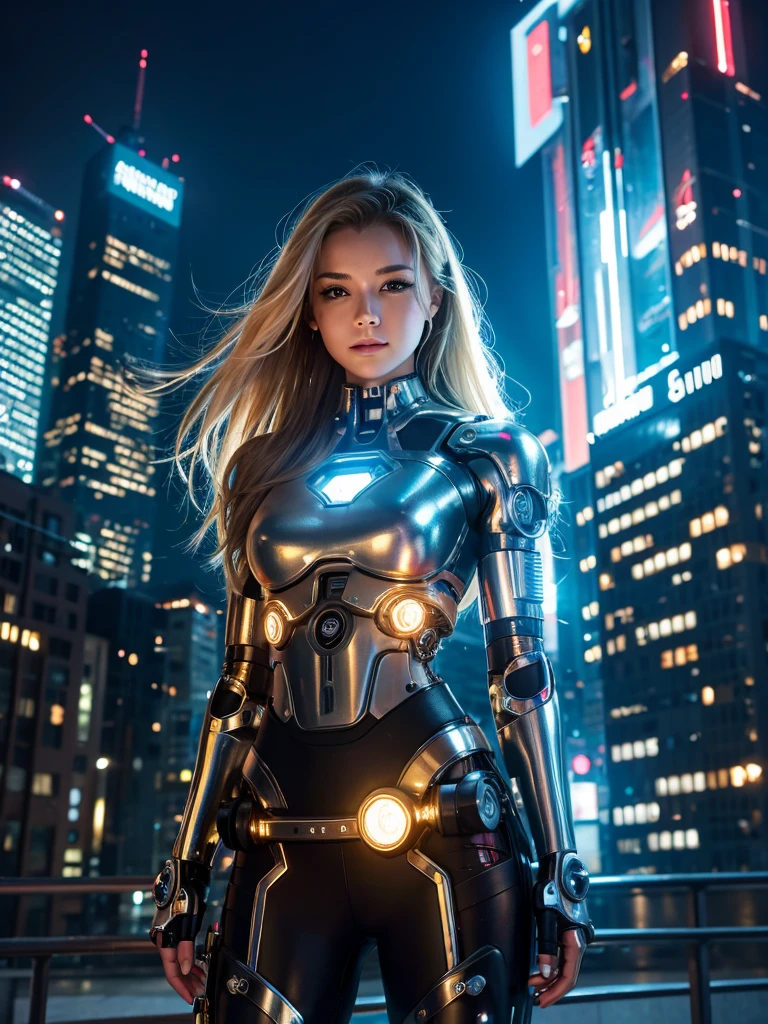 Highest quality,Highest Resolution,beautiful girl,Android,metallic,Mechanic,cyborg,Future city at night,