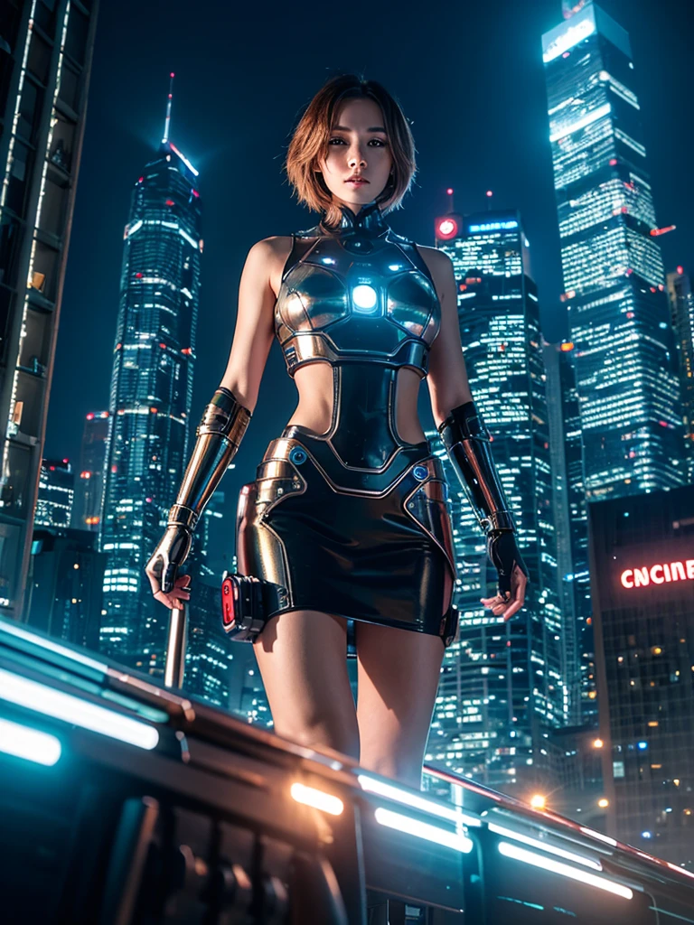 Highest quality,Highest Resolution,beautiful girl,Android,metallic,Mechanic,cyborg,Future city at night,