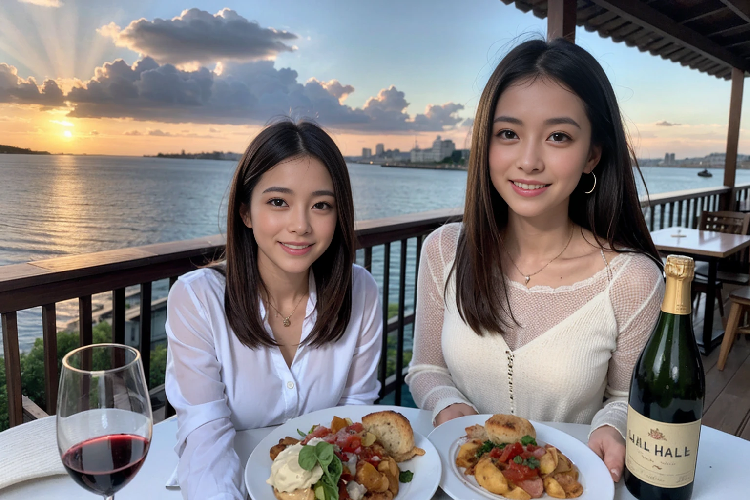 ((Highest quality、8K、masterpiece:1.3))、1 male、1 female、Satomi Ishihara、Beautiful couple、smile、full-course dinner、 (Slim face), (the body is スリム), (Brown Hair), (Shortcuts), ((Bob Hale、Straight hair:1.2)), テーブルの上のwine glass、Shine light on your face、 Amazing view of the sunset sky and clouds、smileの美しさ、Bright image、Blushing, Shortcuts, (43 years old), 39 years old, Appetizers、Italian food、Wine bottle、Champagne、sparkling wine、Long sleeve shirt、dress、Attractive beauty、restaurant, Nova Frog Style, actress, model, Upper Body, White wine, red wine, wine glass, 