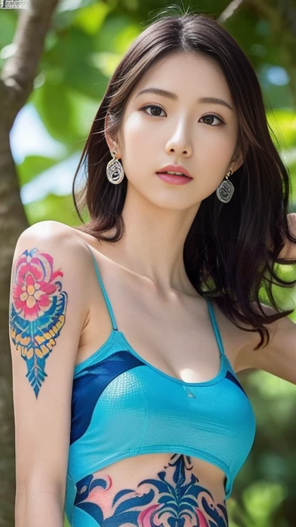 Anime-style woman, thin, thin, whole body, Full of tattoos, Lots of earrings, Beautiful and shiny hair, Rainbow Eyes, Slanted Eyes, Wavy Hair, Kind and charming, shoulderを露出させる, Delicate and sexy collarbone, Attractive oval face, double eyelid, Pink Lips, Small Nose, Concentrated face, Ultra-high resolution, Very detailed, Graceful posture, Nice, ultra-thin, See through, Turquoise blue color,Ise-style Inden pattern solo mesh tight dress,(arm、shoulder、Tribal tattoo pattern body paint on chest),Glowing Skin, Realistic Background, sunlight,(From below:1.3),(Looking down, Display in viewer:1.3)