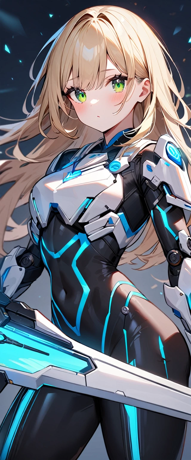 1girl,original, solo,black bodysuit,white armor,mechanical sword,blue glowing body outline,blonde long hair,green eyes,perfect anatomy,best quality,